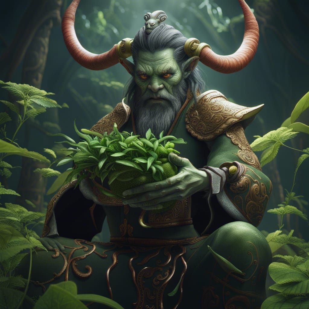 Horned Shennong with Plant: Detailed Fantasy Art