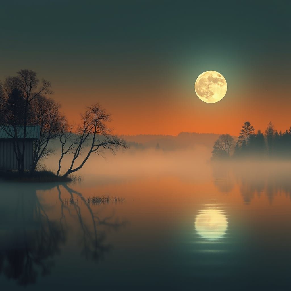 Misty Lakeside Scene in Vaporwave Shin Hanga Style