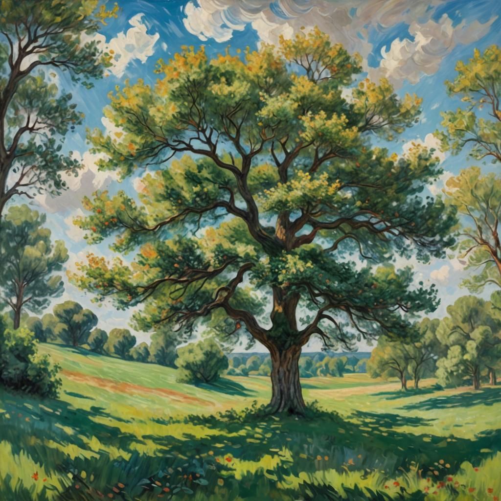Impressionistic Tree in Field, Oil Painting Style