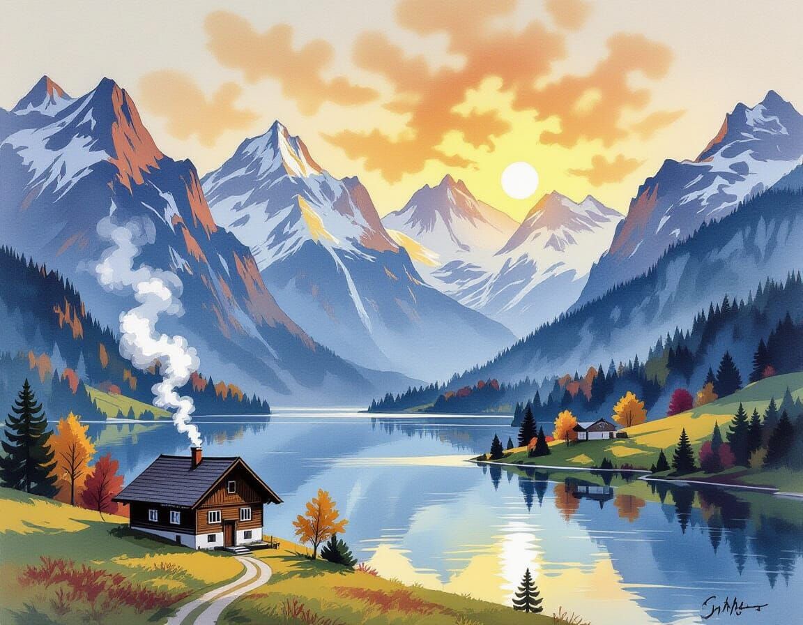 Spirographic Chinese Ink Painting of Alpine Valley at Dawn