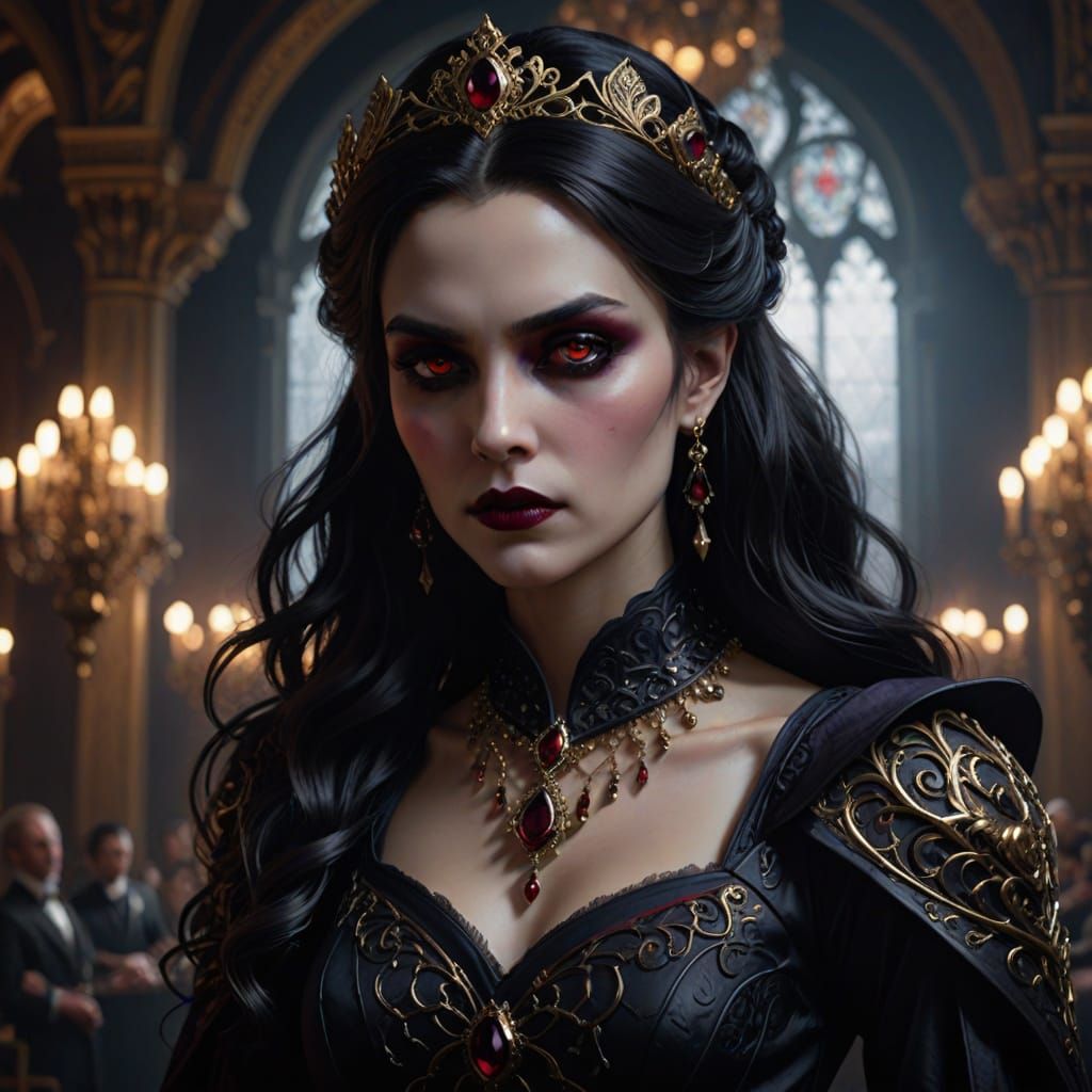 Vampire Queen Portrait in Opulent Gothic Ballroom