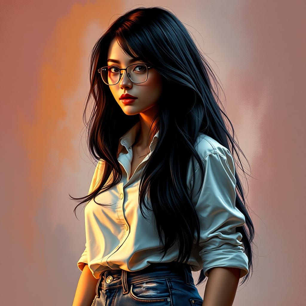 Dark-Haired Woman in Trendy Attire, Rendered in Hyper-Realis...