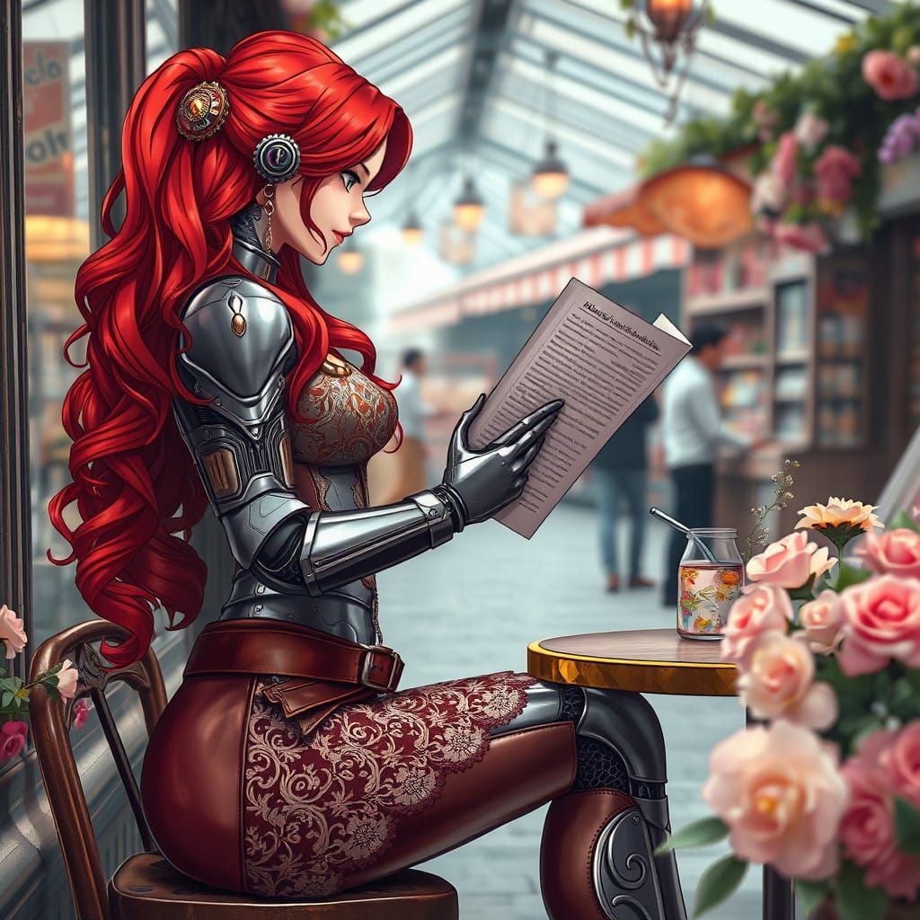 Steampunk Cyborg with Red Hair in Anime Style