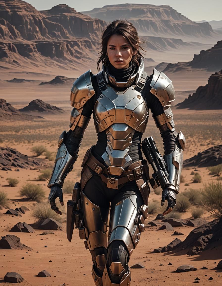 Futuristic Armored Woman on Mars-like Planet