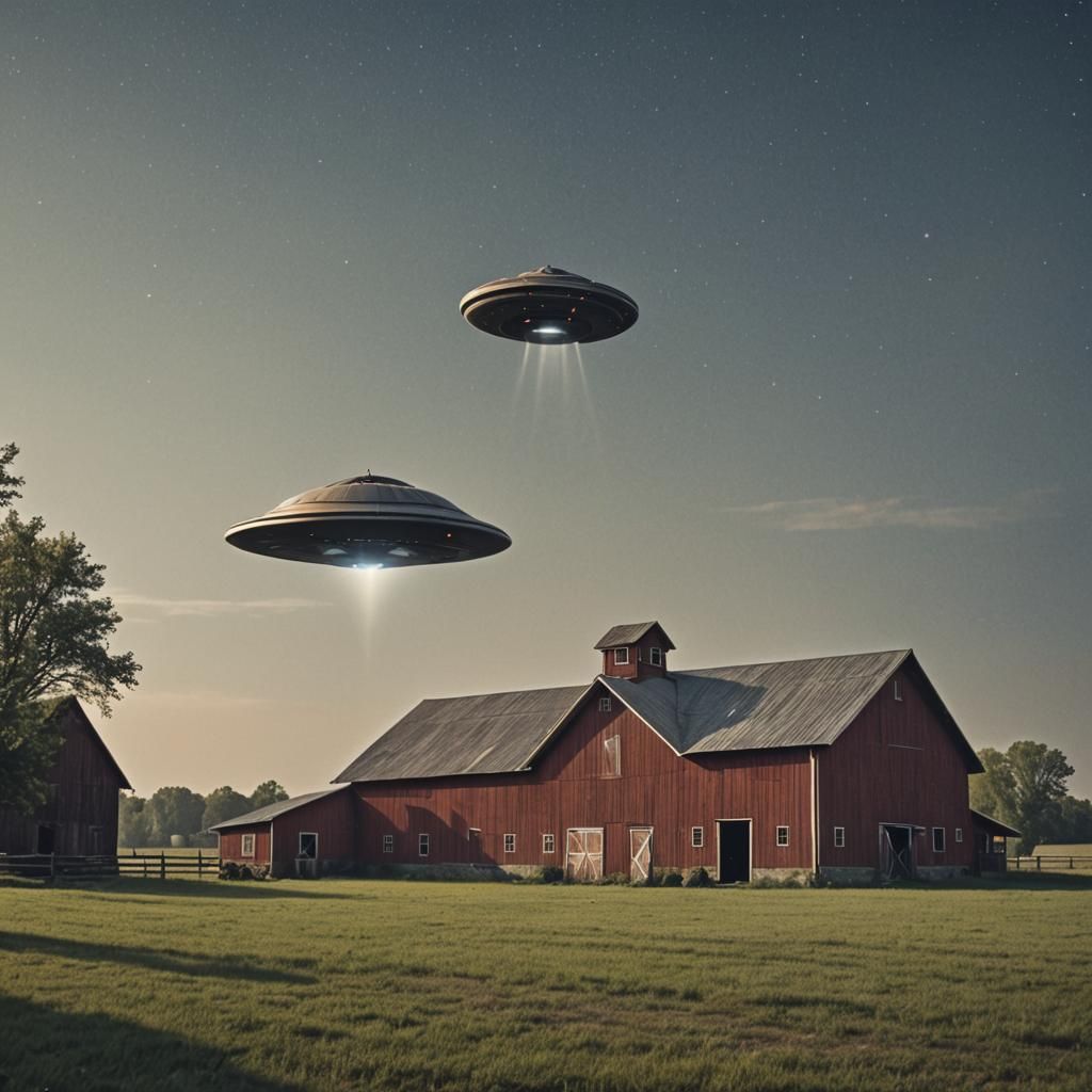 UFO Hovering Over a Rural Barn at Night