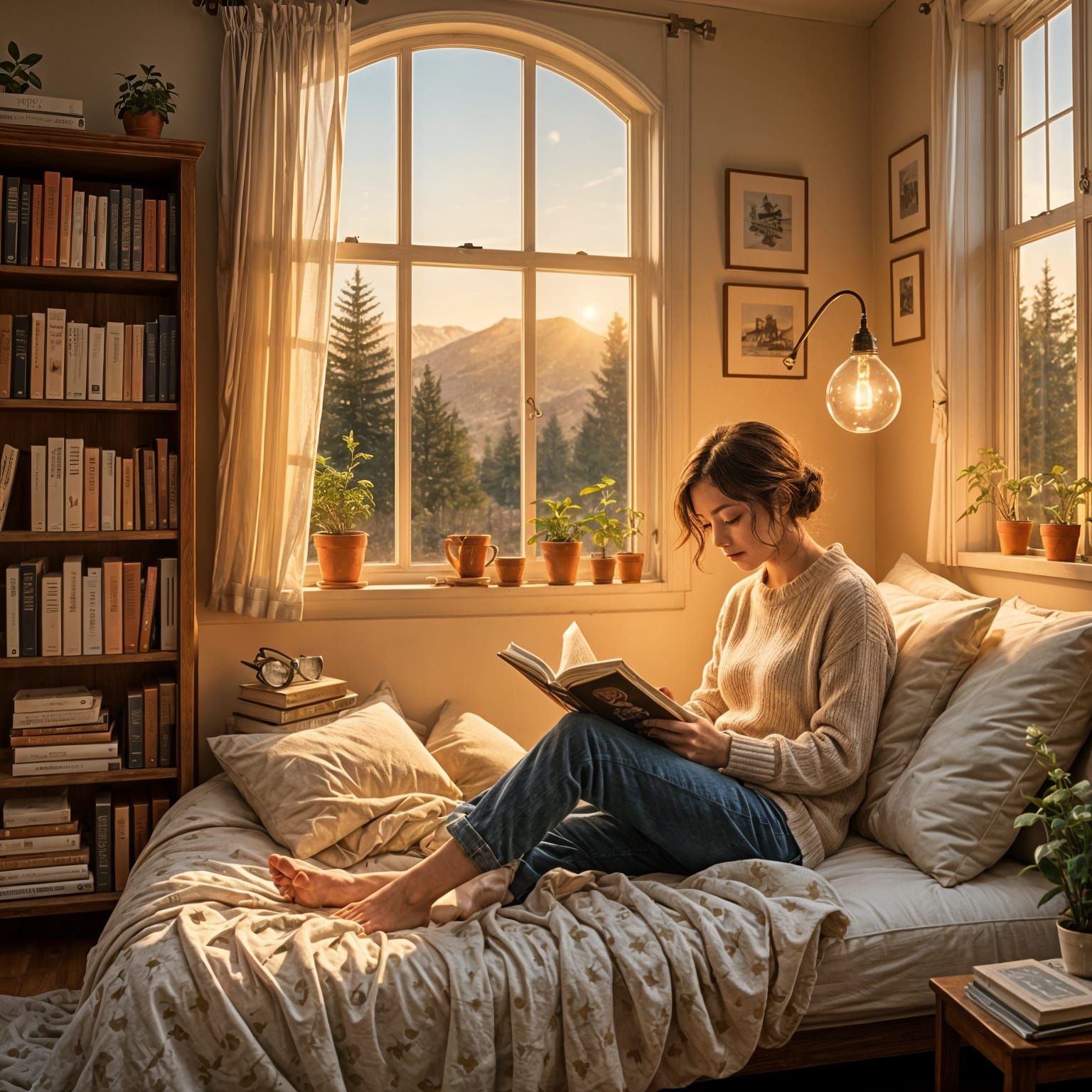 Cozy Reading Nook with Warm Lighting