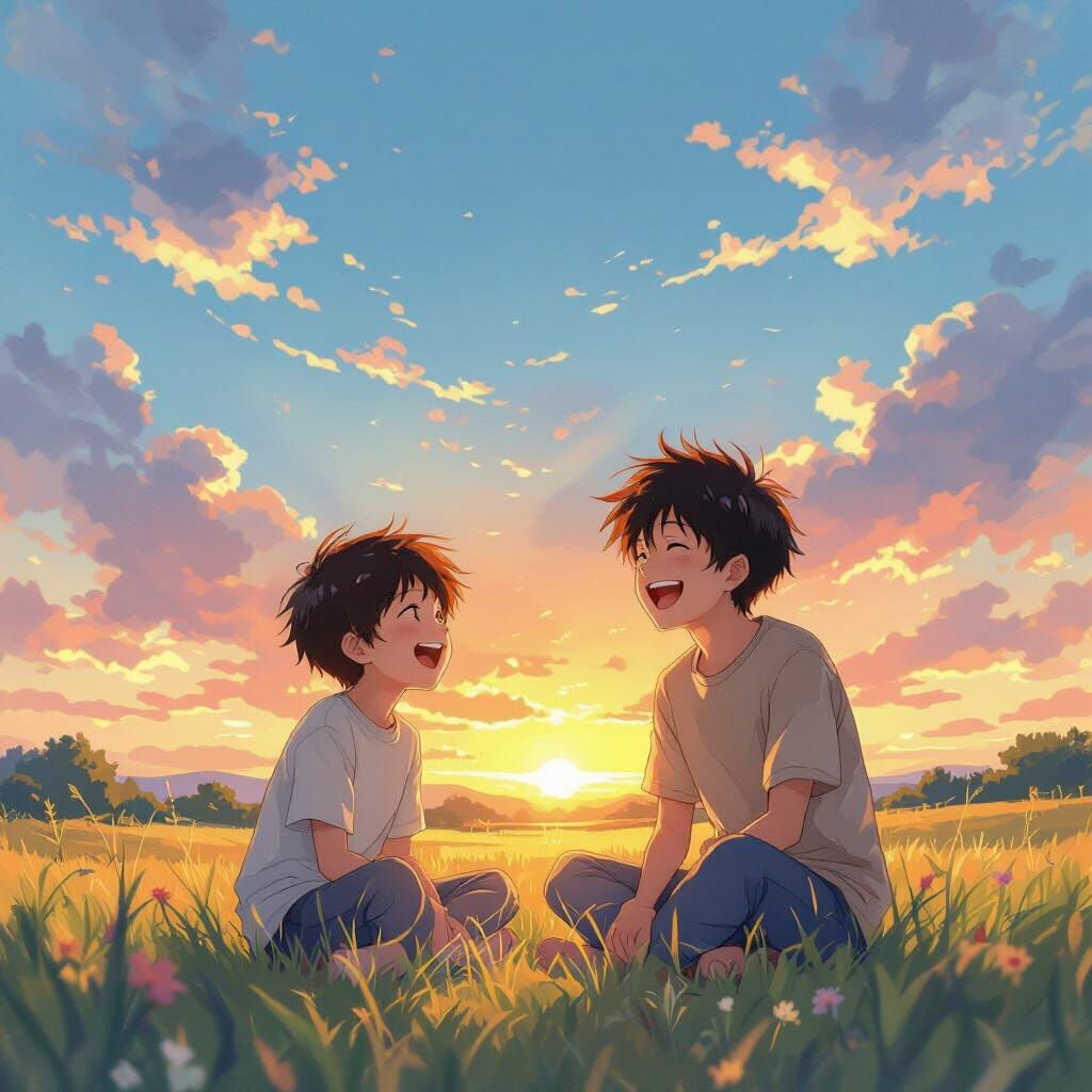 Anime Brothers Playing in Sunset, Watercolor Style