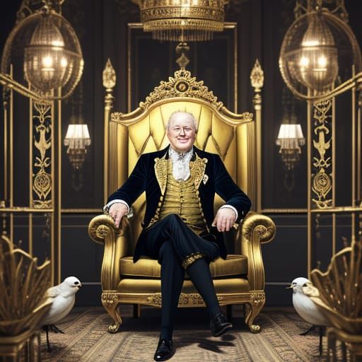 Mad King George III on Throne Inside Giant Birdcage