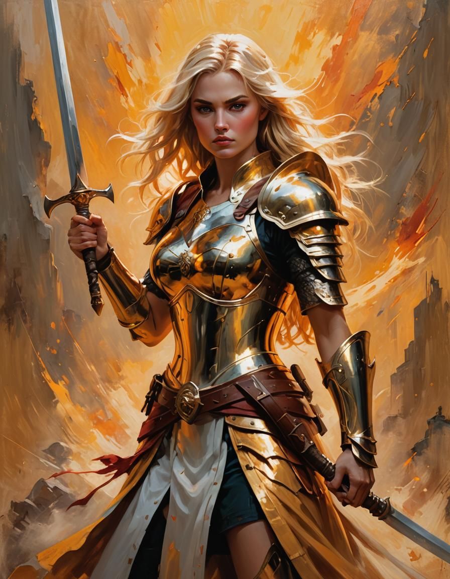 Elegant Female Warrior with Axe in Oil Painting