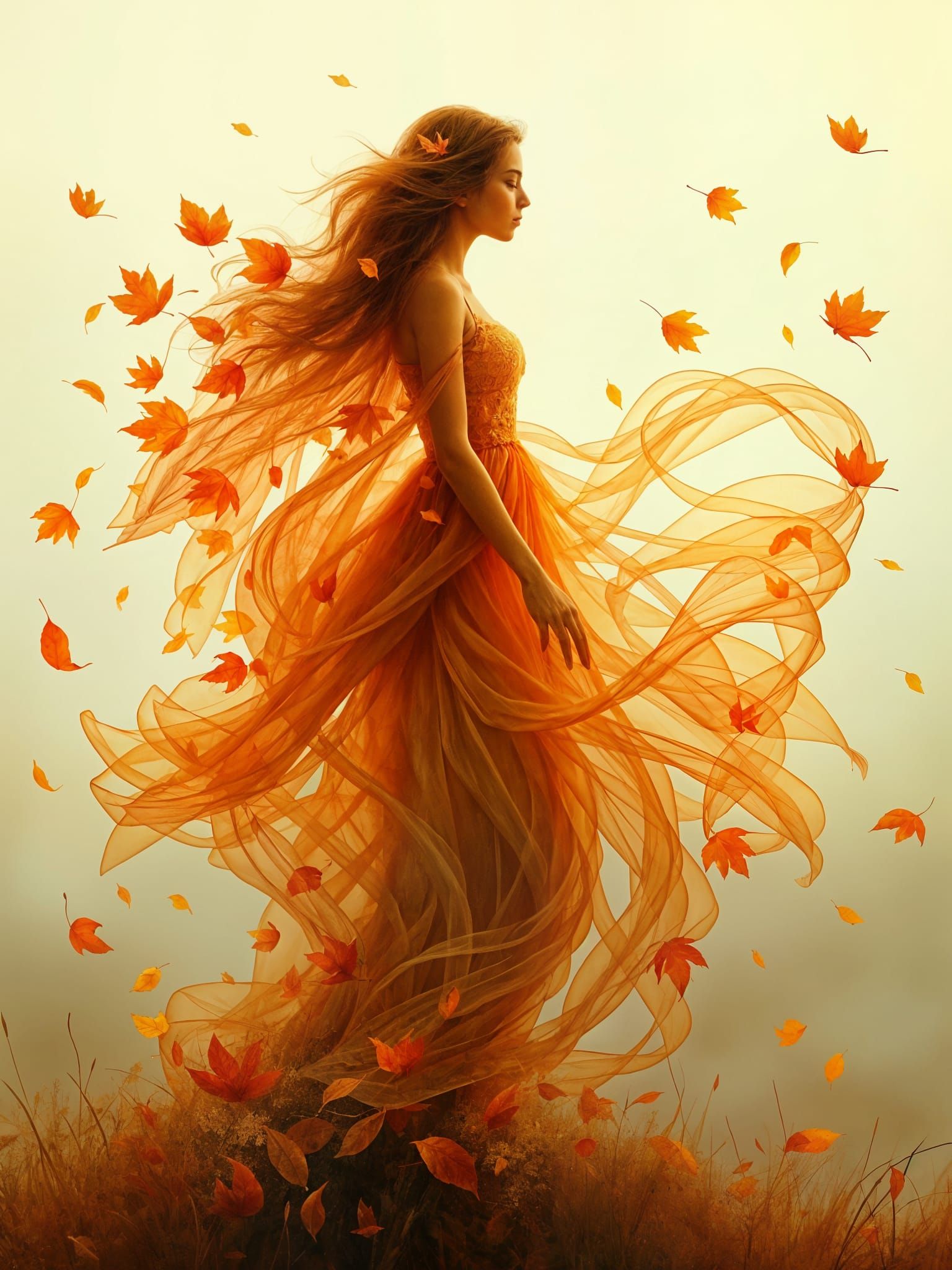 Wind Woman: Surreal Autumn Leaves Concept Art