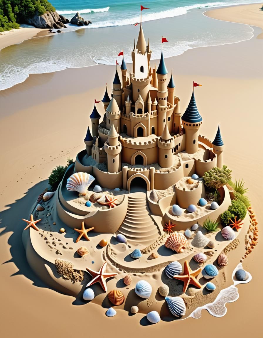 Whimsical Sandcastle Fortress on Beach in Digital Art
