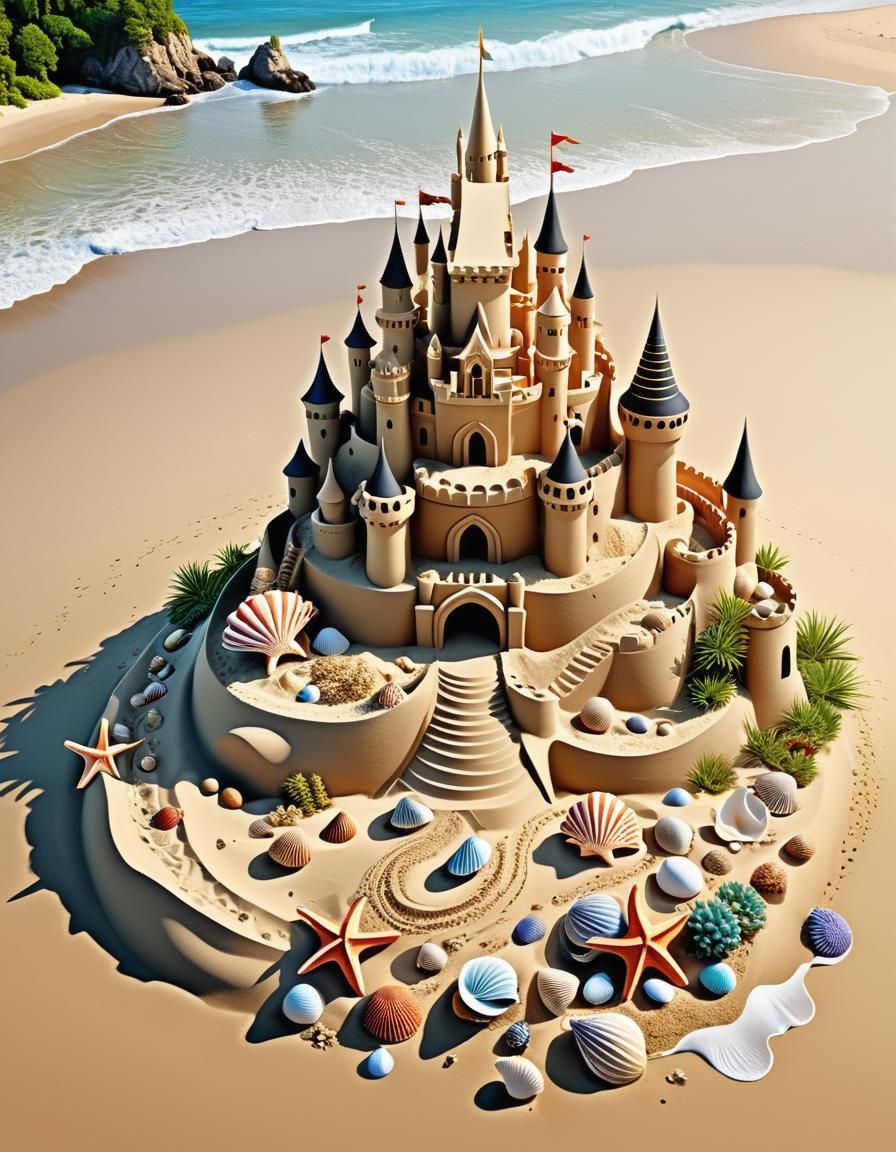 Fantasy Sandcastle on Beach in Digital Illustration