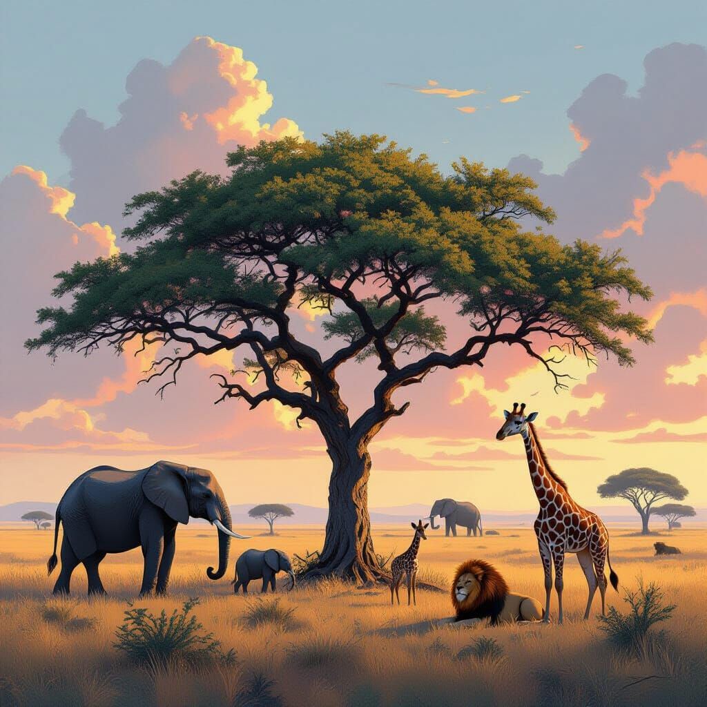 Savannah Tree with Wildlife in Ethereal Lighting