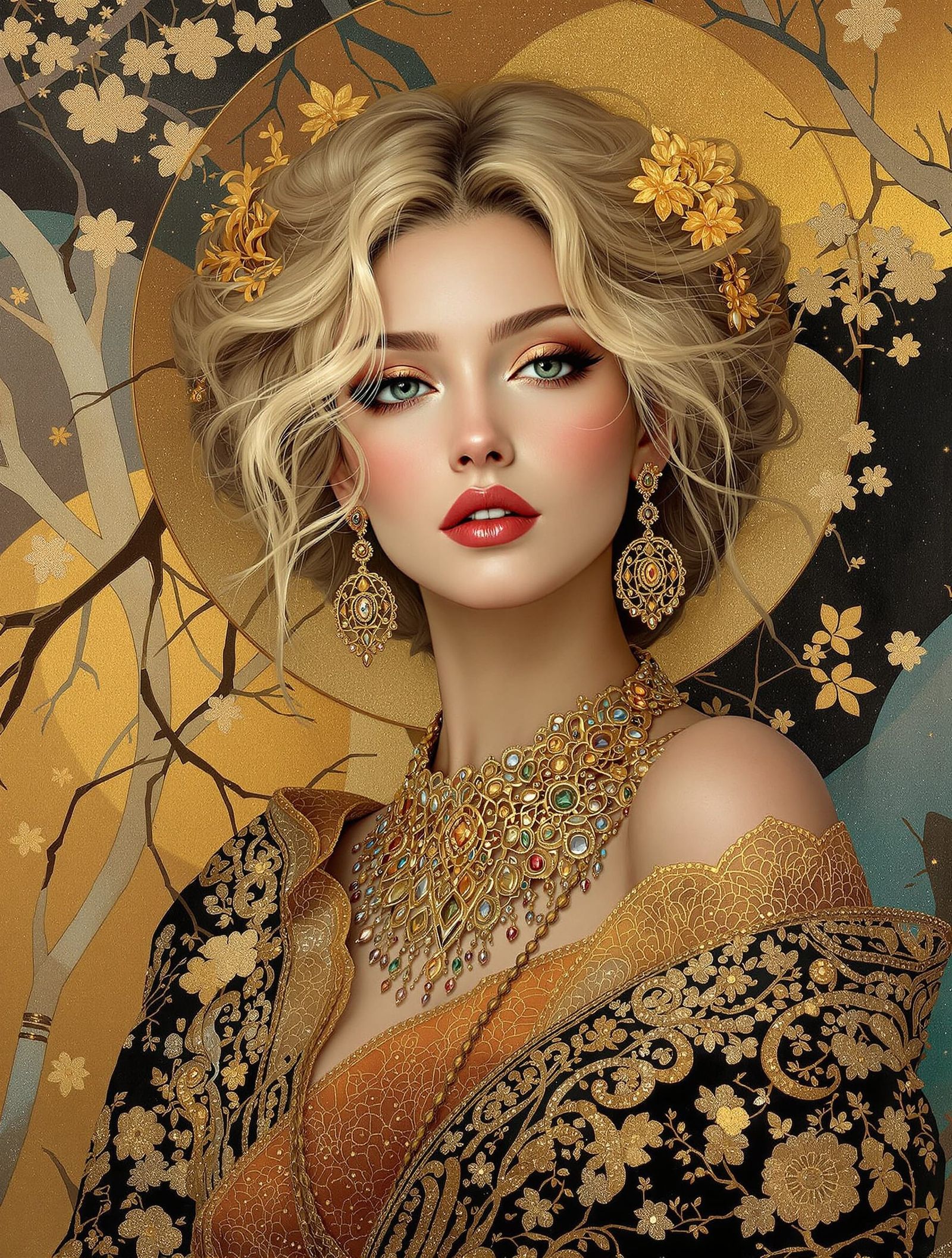 Japanese Woman Portrait Inspired by Klimt and Indian Art