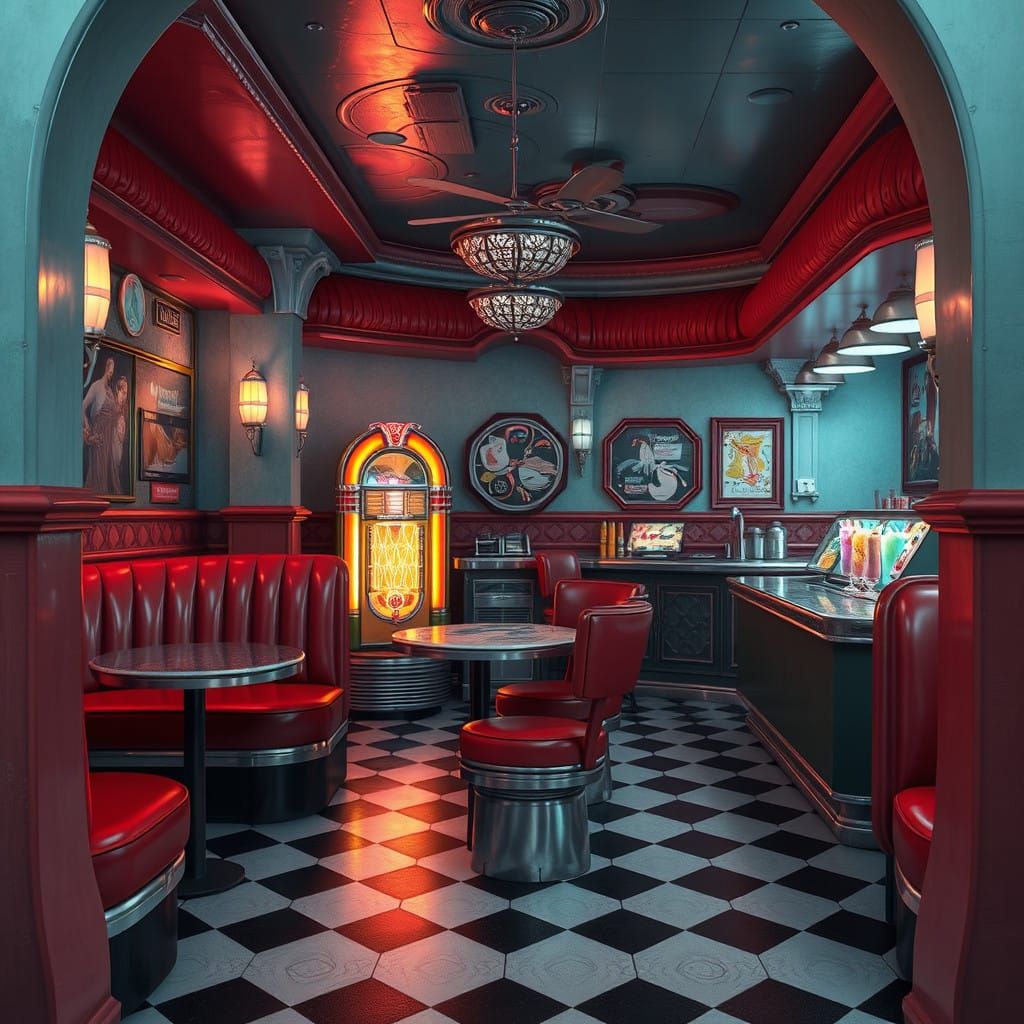 50s Fantastical Café in Vibrant, Dreamlike Atmosphere