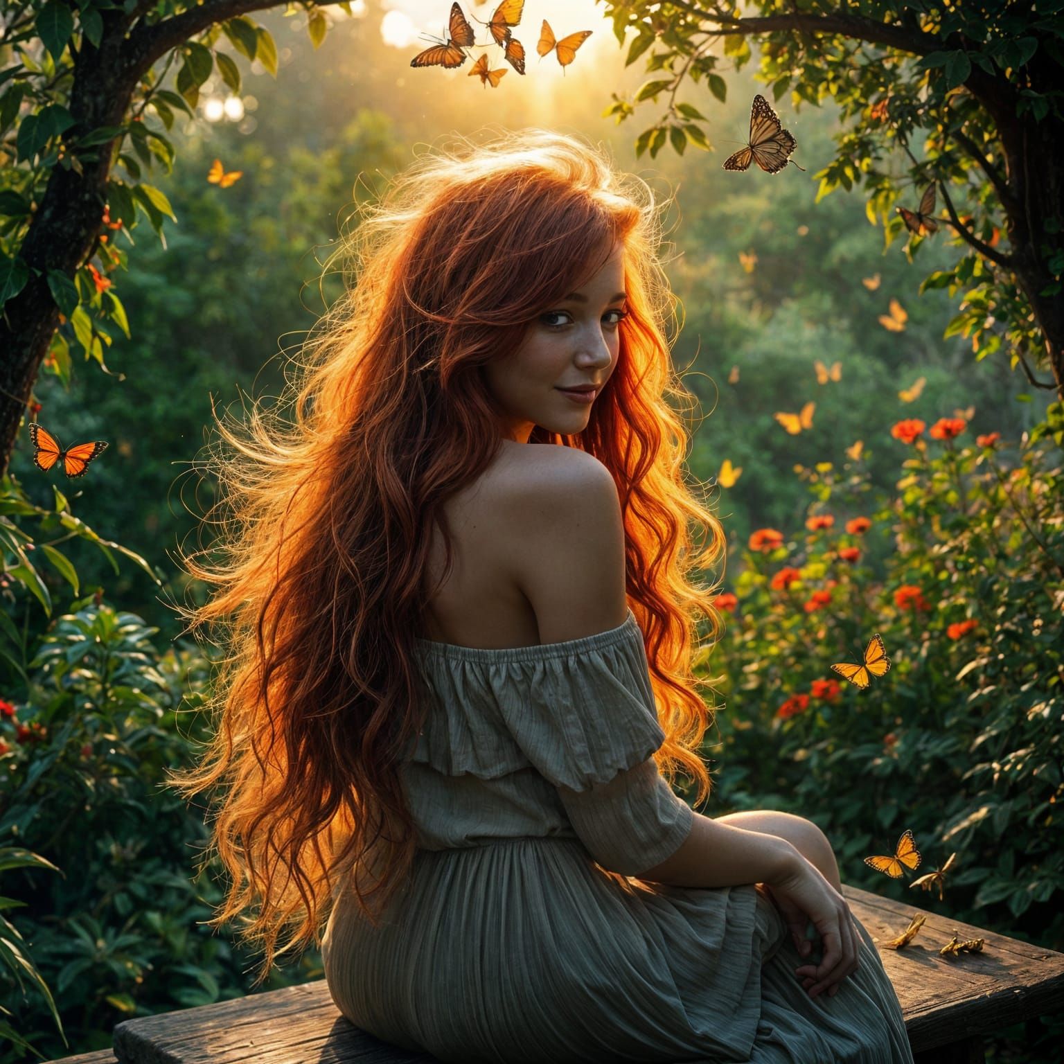 Beautiful Woman in Magical Garden at Dawn