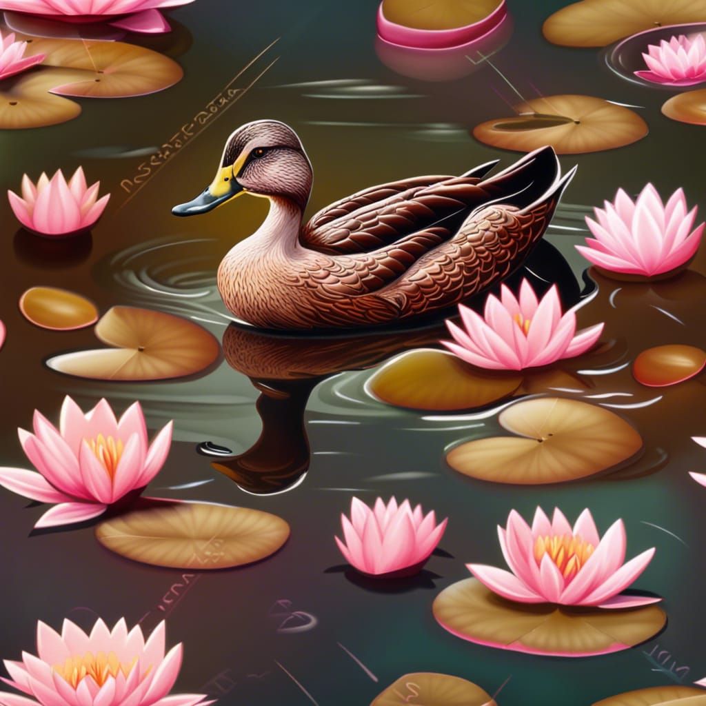 Elegant Duck on Pond with Pink Lilies