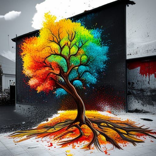 Colorful Autumn Tree in Graffiti Splash Art Style