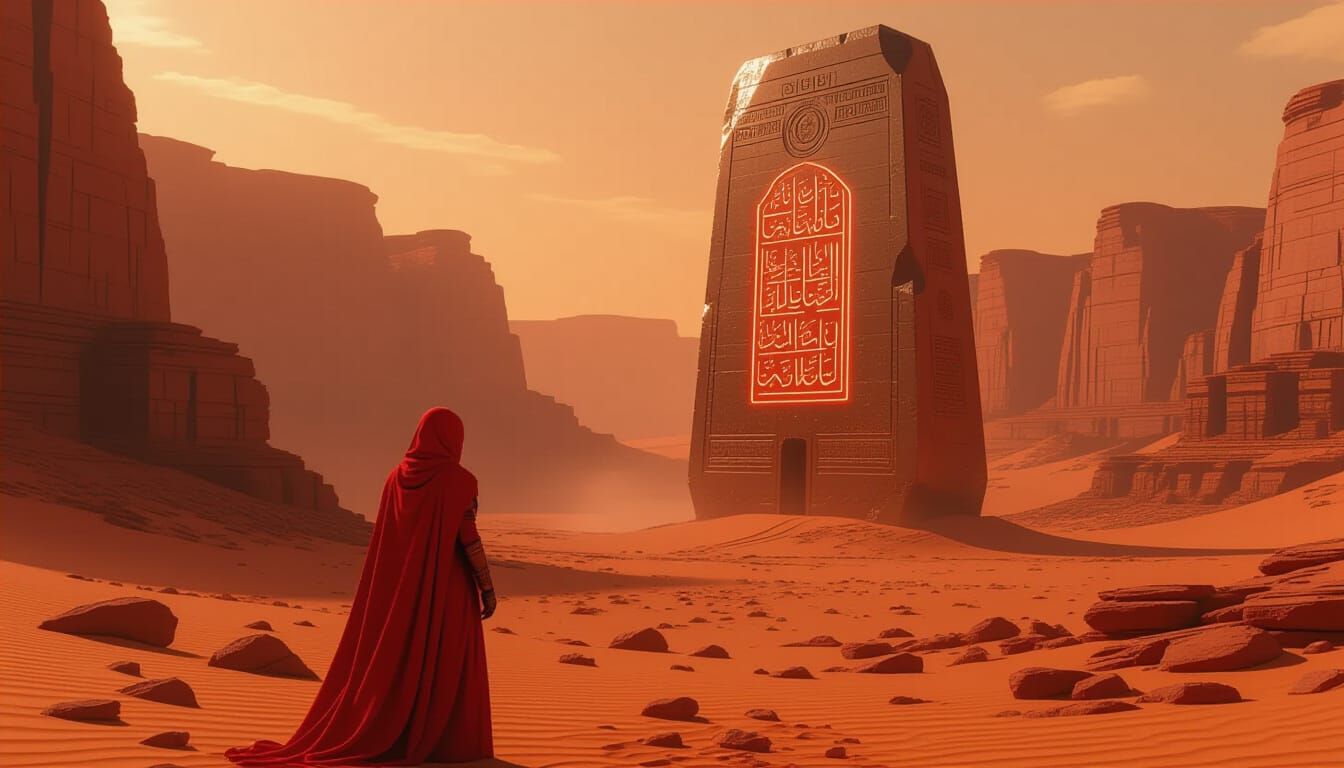 Futuristic Desert Explorer Before Ancient Monolith