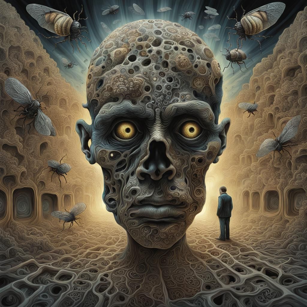 uncanny surreal painting of a disfigured man in an eerie set...