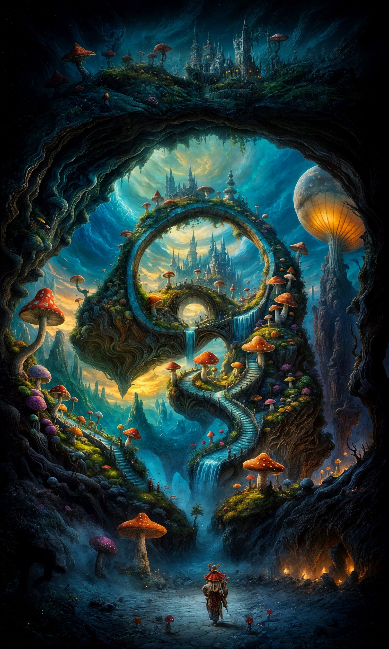 Colorful Mushroom Wonderland with Cobblestone Paths