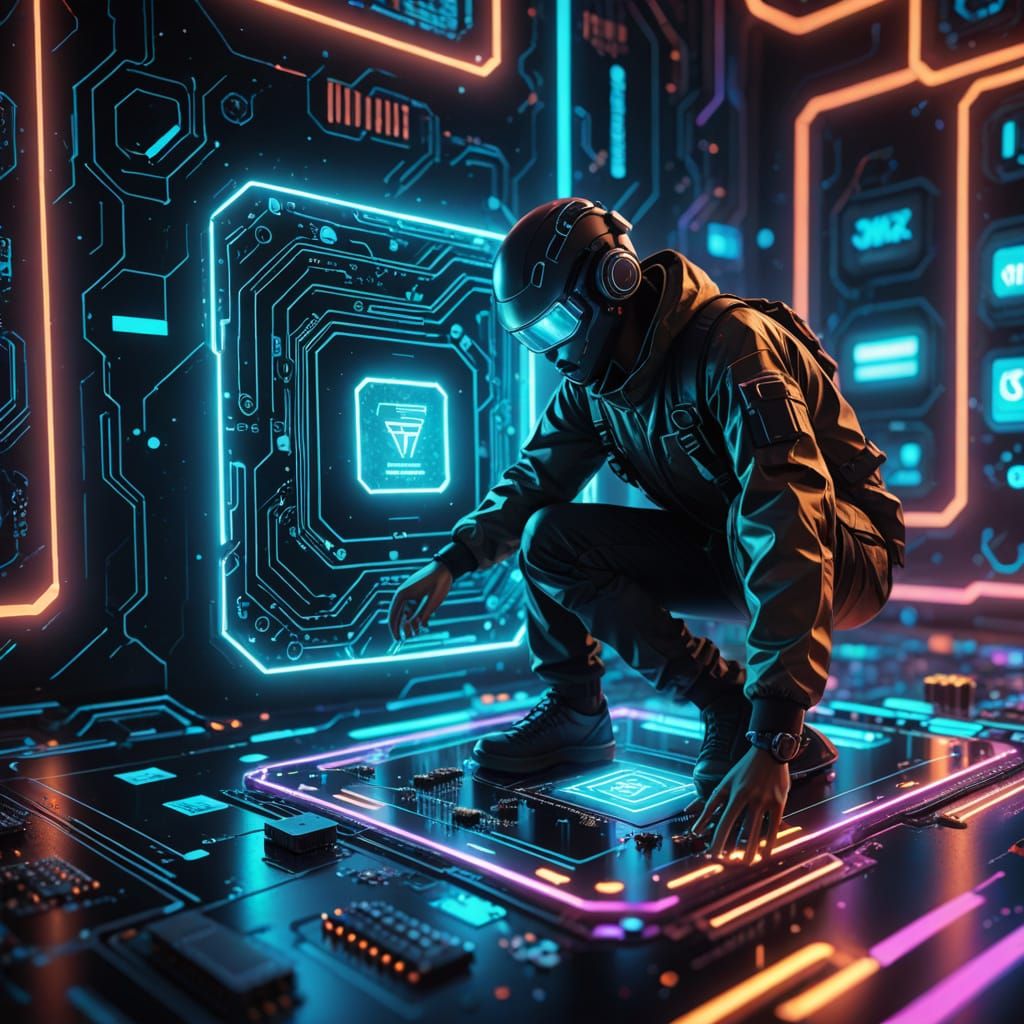 Person Floating in Microchip World: Futuristic Digital Art