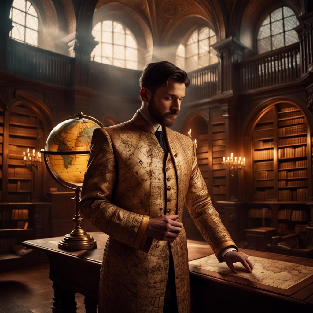 Piri Reis Map Suit in Mystical Library: Hyperrealism