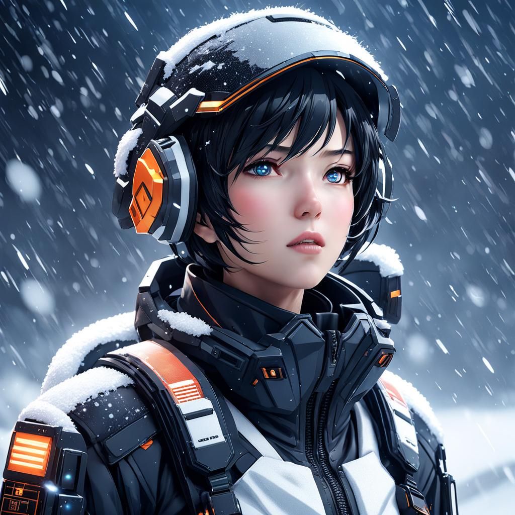 Anime Sci-Fi Warrior in a Snowy Breathtaking Landscape