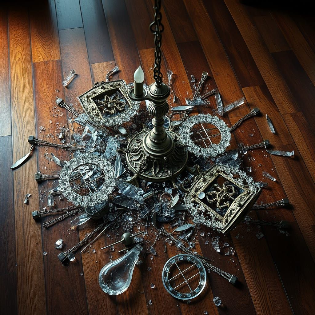Shattered Chandelier on Richly Polished Wood