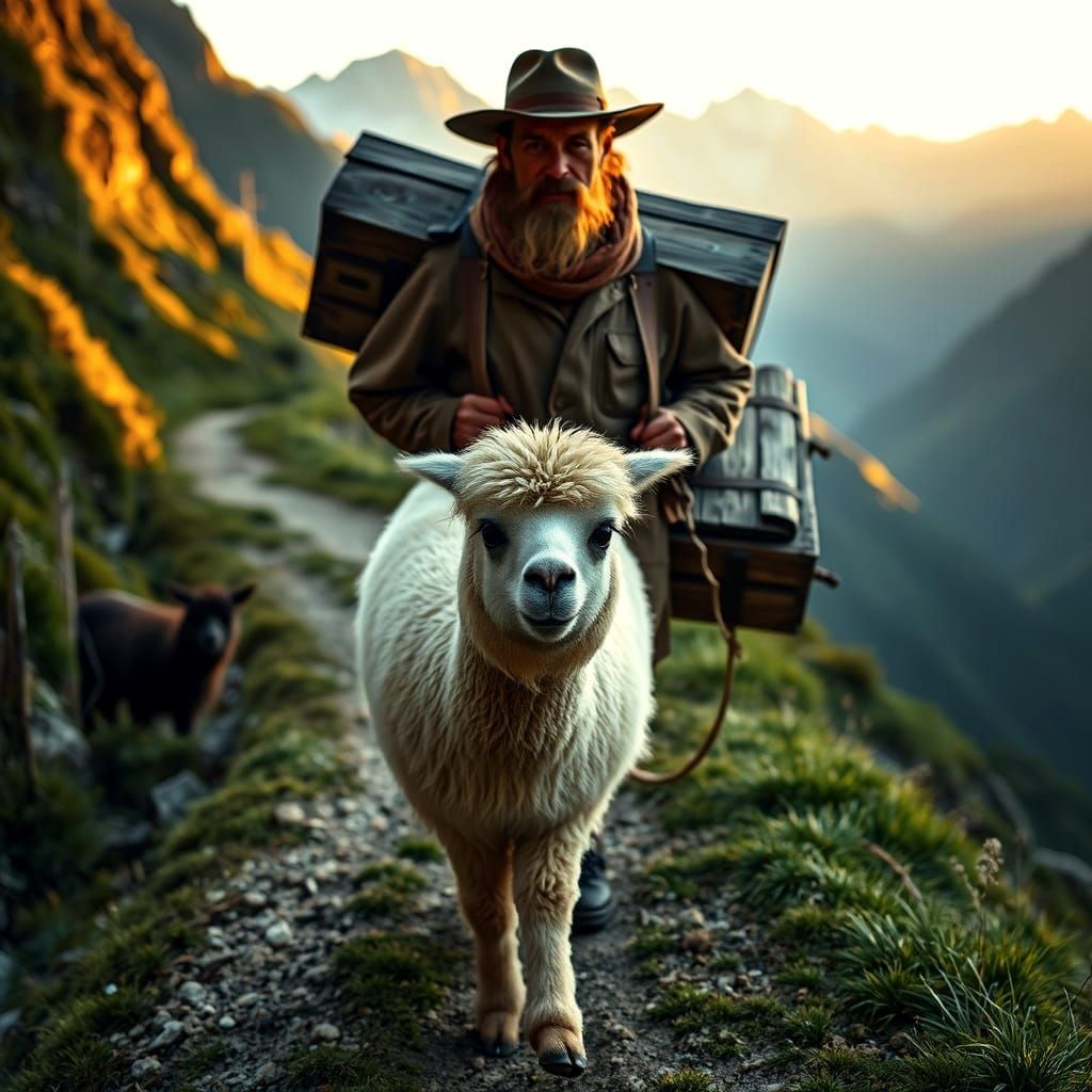 Gentle Alpaca Led by Worn Shepherd Through Majestic Mountain...