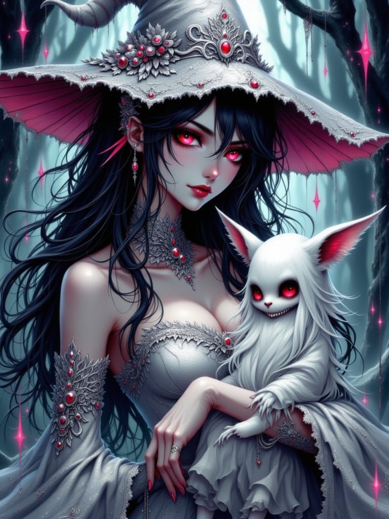 Anime Witch Holding Angry Ghost in Psychedelic Surreal Style