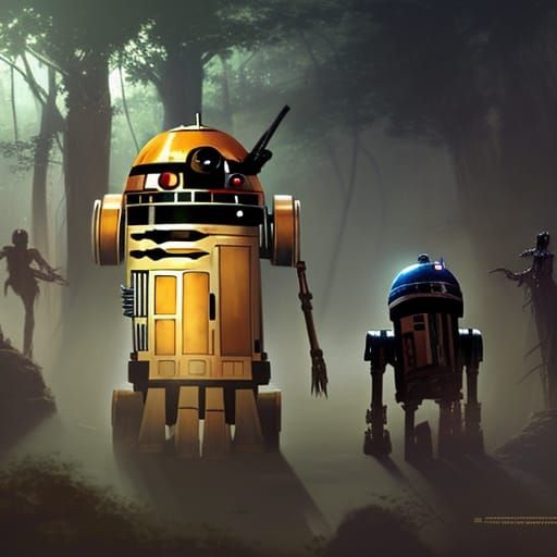 Steampunk Star Wars Droids in Prehistoric Jungle