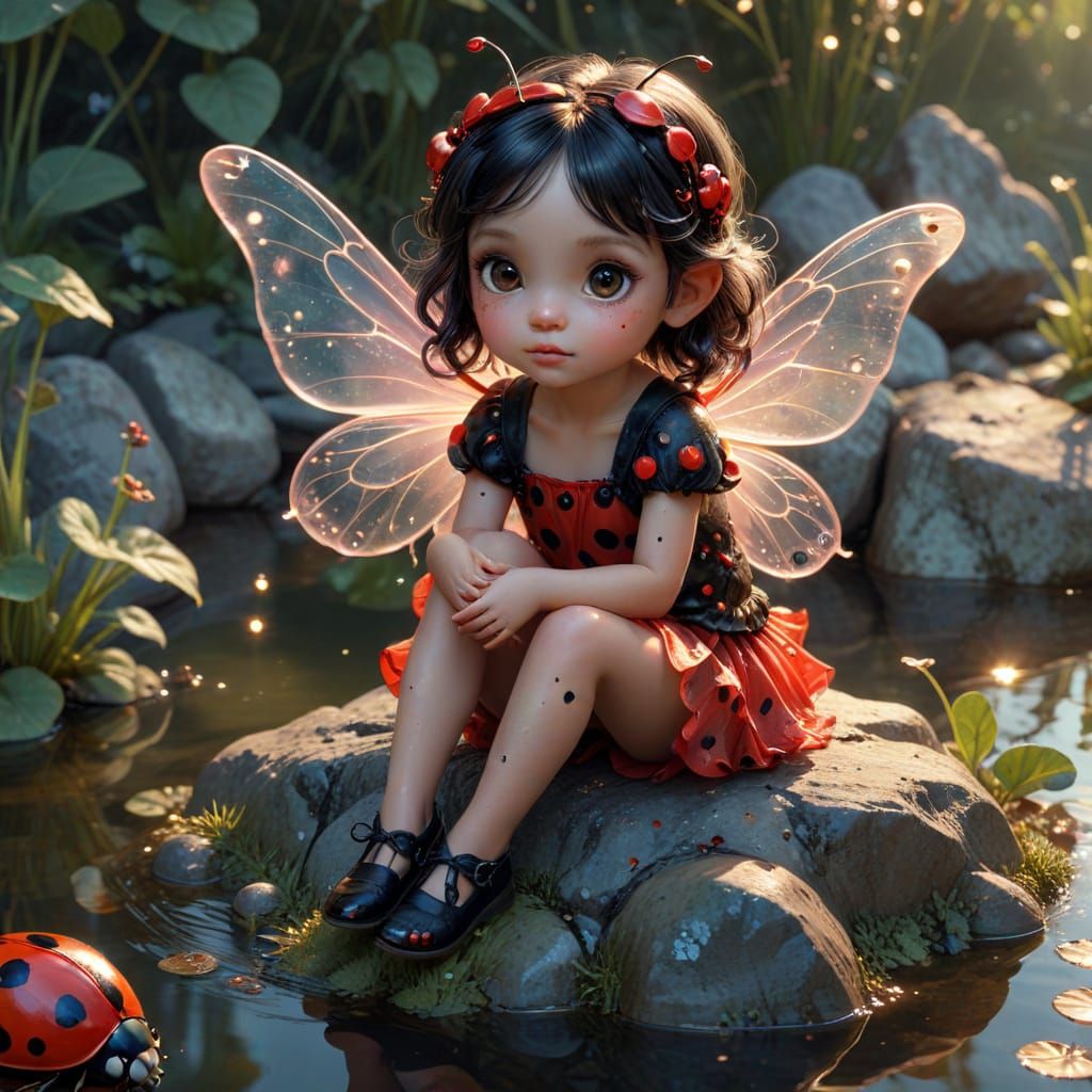 Cute Ladybug Fairy Girl With Big Shiny Eyes