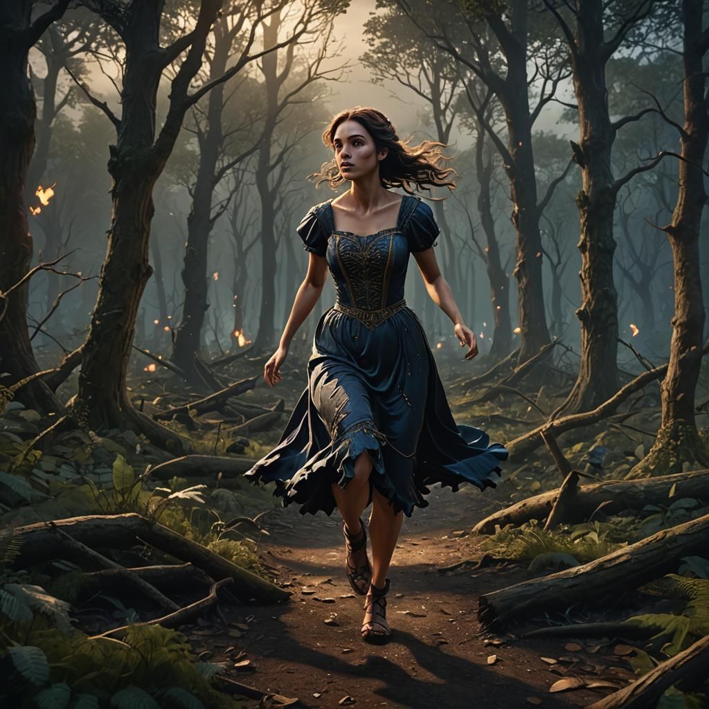 Girl Runs Through Dark Fantasy Forest