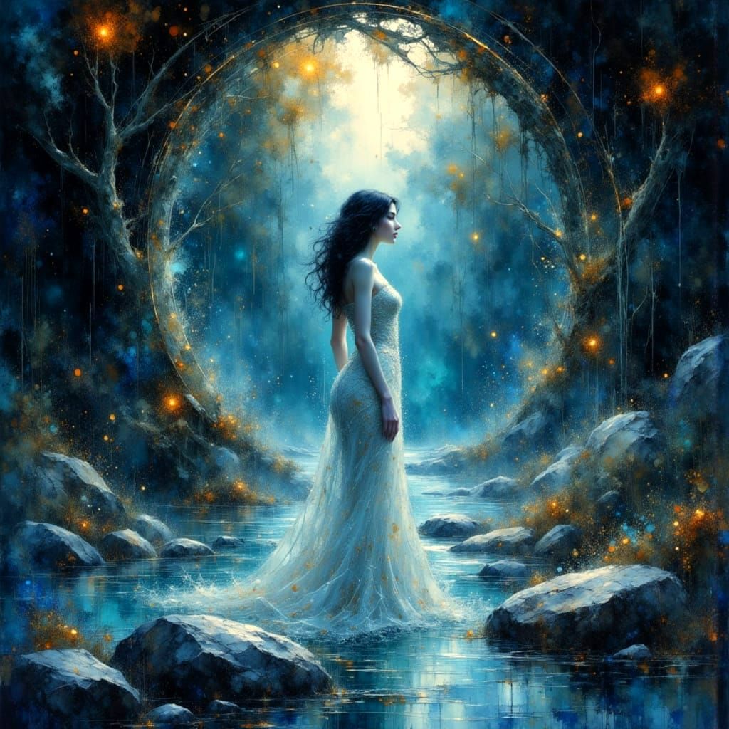 Elegant Starlight Woman Emerges in Art Nouveau Style