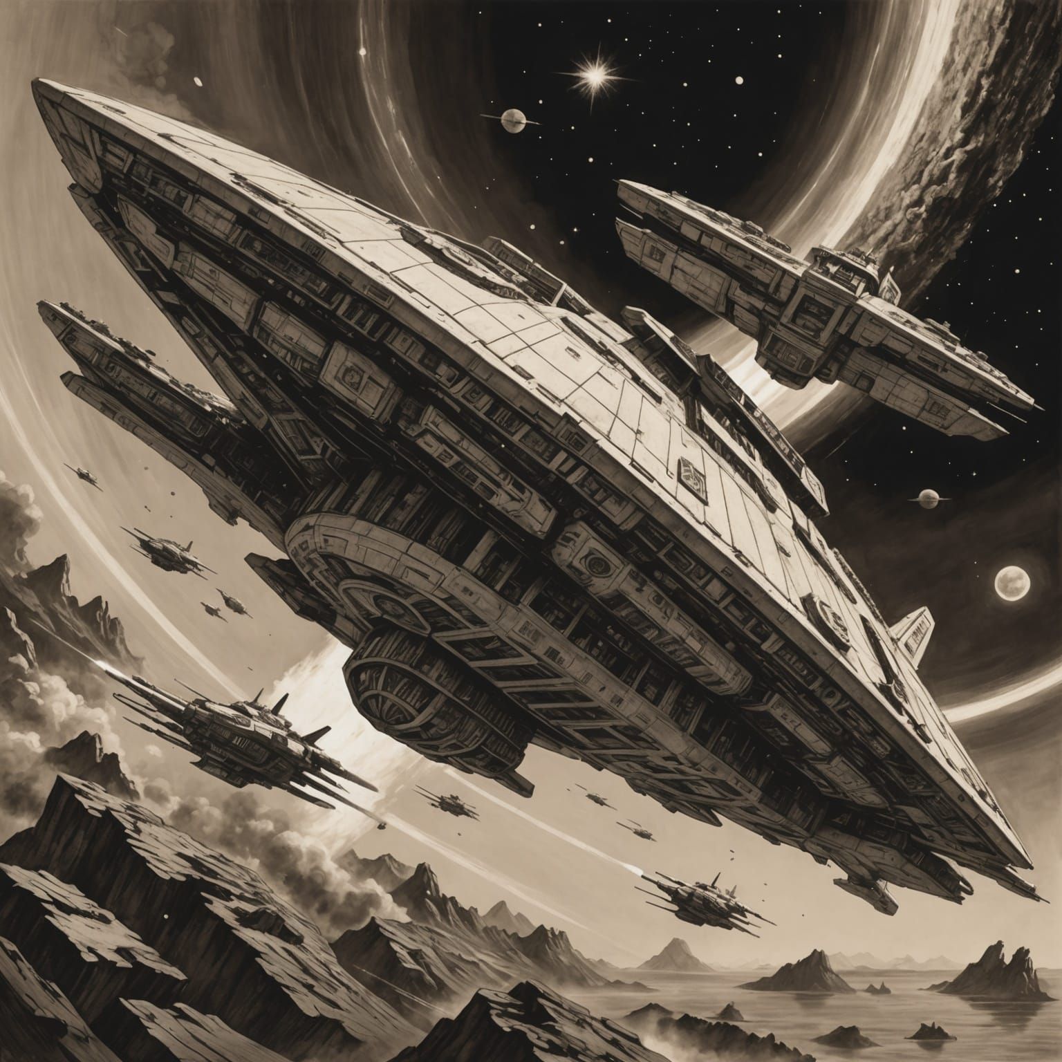 Terran Capital Ship Enters Wormhole in Ukiyo-e Style