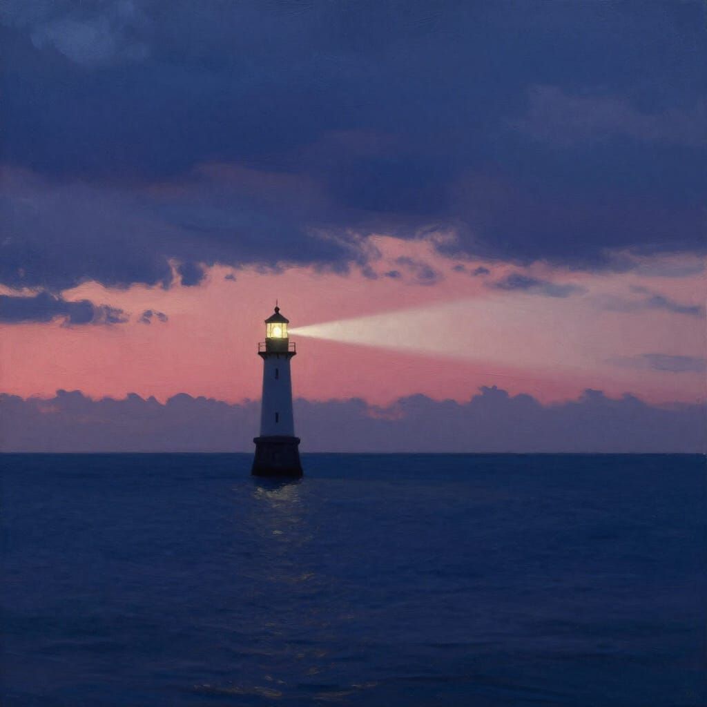 Solitary Lighthouse Beams Light Across Calm Ocean at Twiligh...