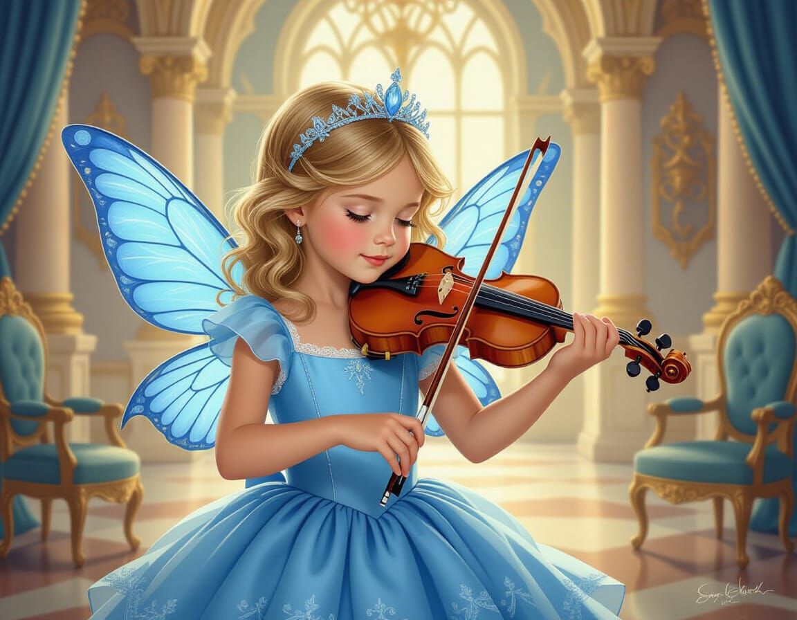 Girl Playing Violin in Castle, Romantic Realism Style