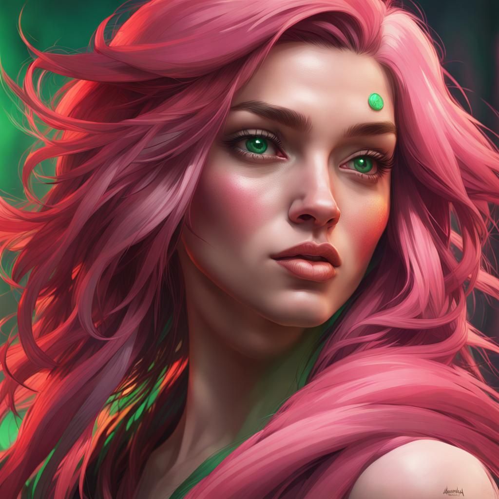 Green Hair Portrait in Hyperdetailed Art Style