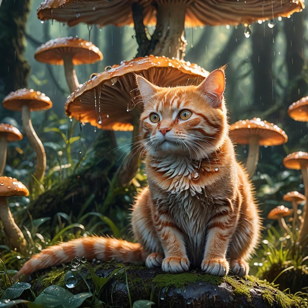 Orange Tabby Cat on Luminous Mushroom: Macro Photography