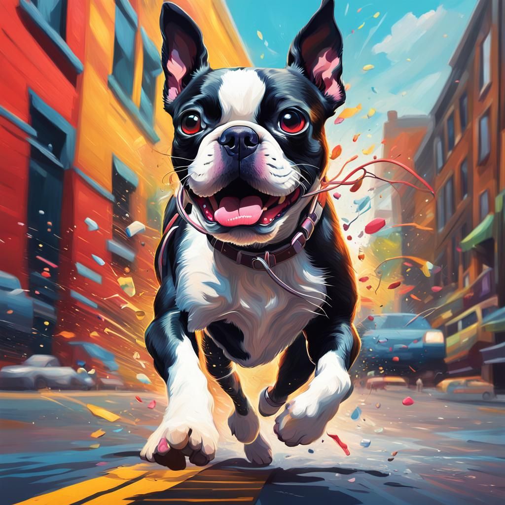 Boston Terrier Listens to Music: Hyperrealistic Splash Art