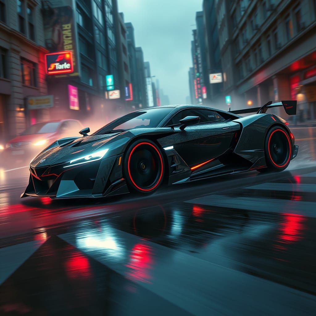 Cyberpunk Sports Car Speeds Through Rainy City Streets at Du...