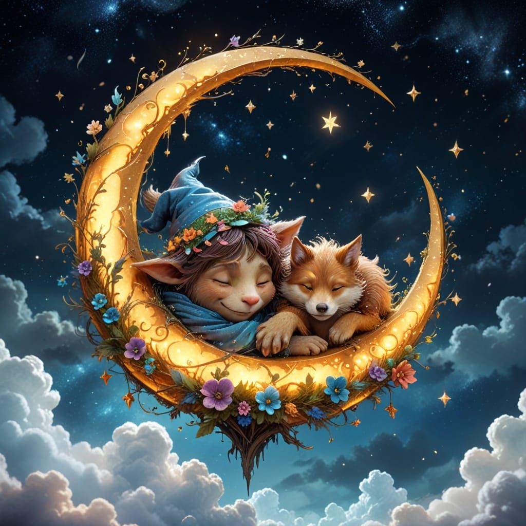 Troll Child and Dog Asleep on Moon in Digital Watercolor