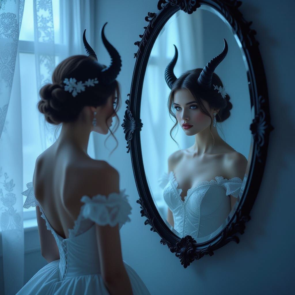 Woman Gazing at Horned Reflection in Dreamlike Setting