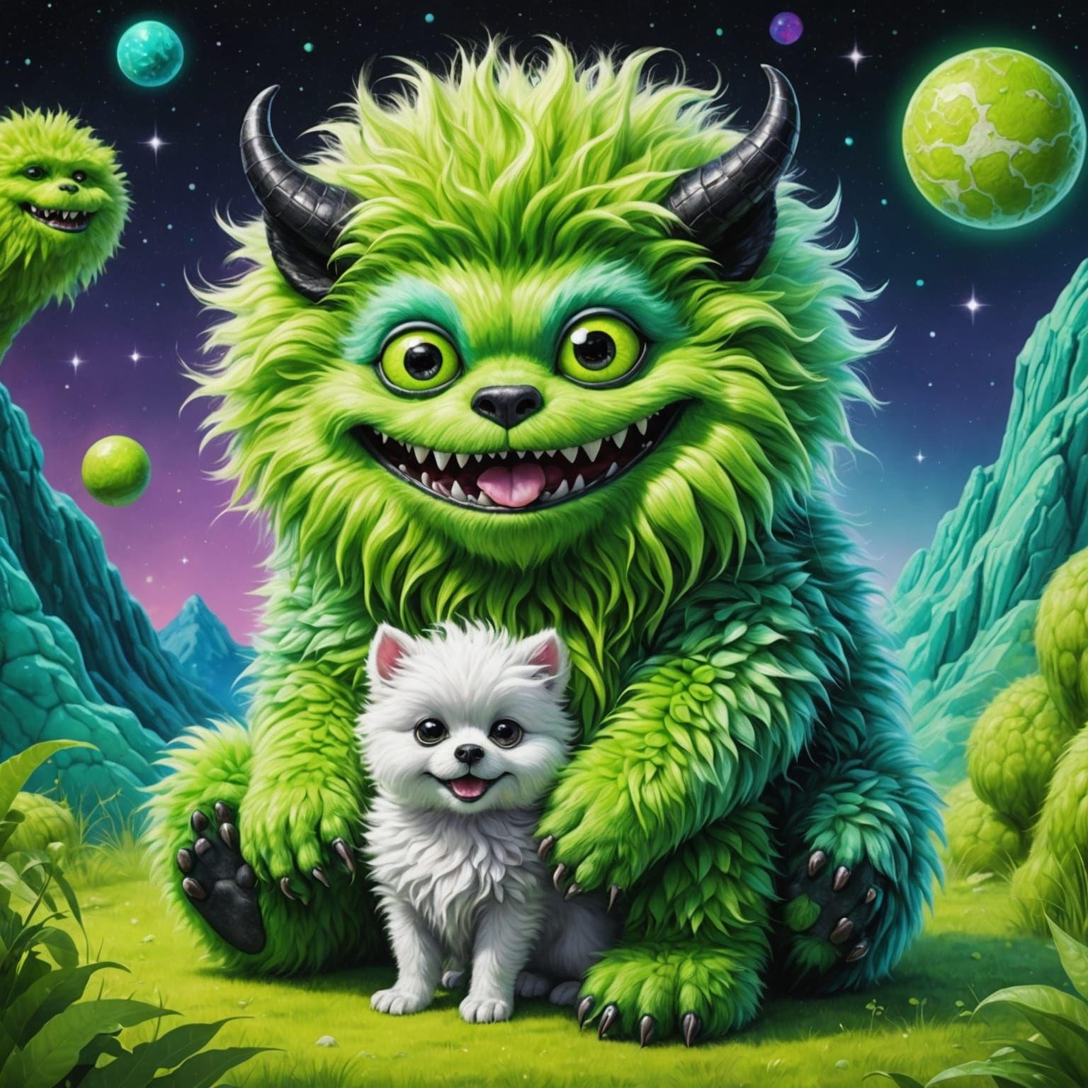 Whimsical Fluffy Monster with Puppy, Cosmic Illustration
