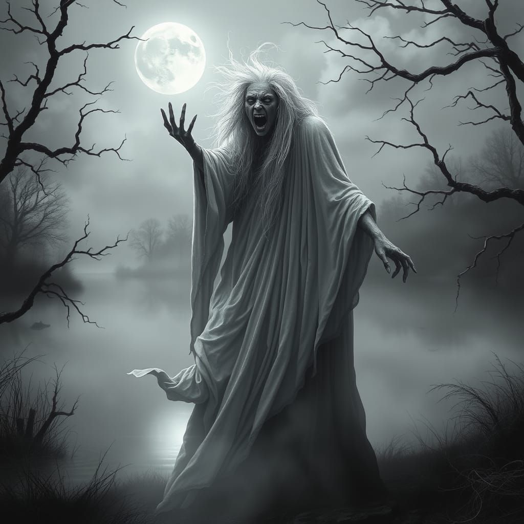 Eerie Banshee Figure in Gothic Landscape
