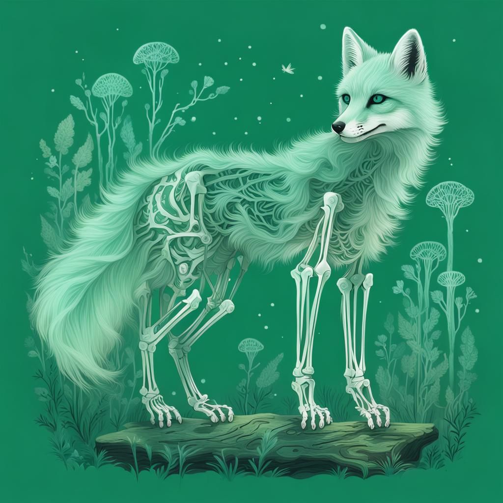 Ethereal Bioluminescent Forest Fox Skeleton