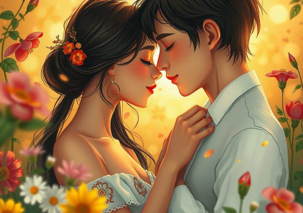 Romantic Couple Kissing in Anime Style