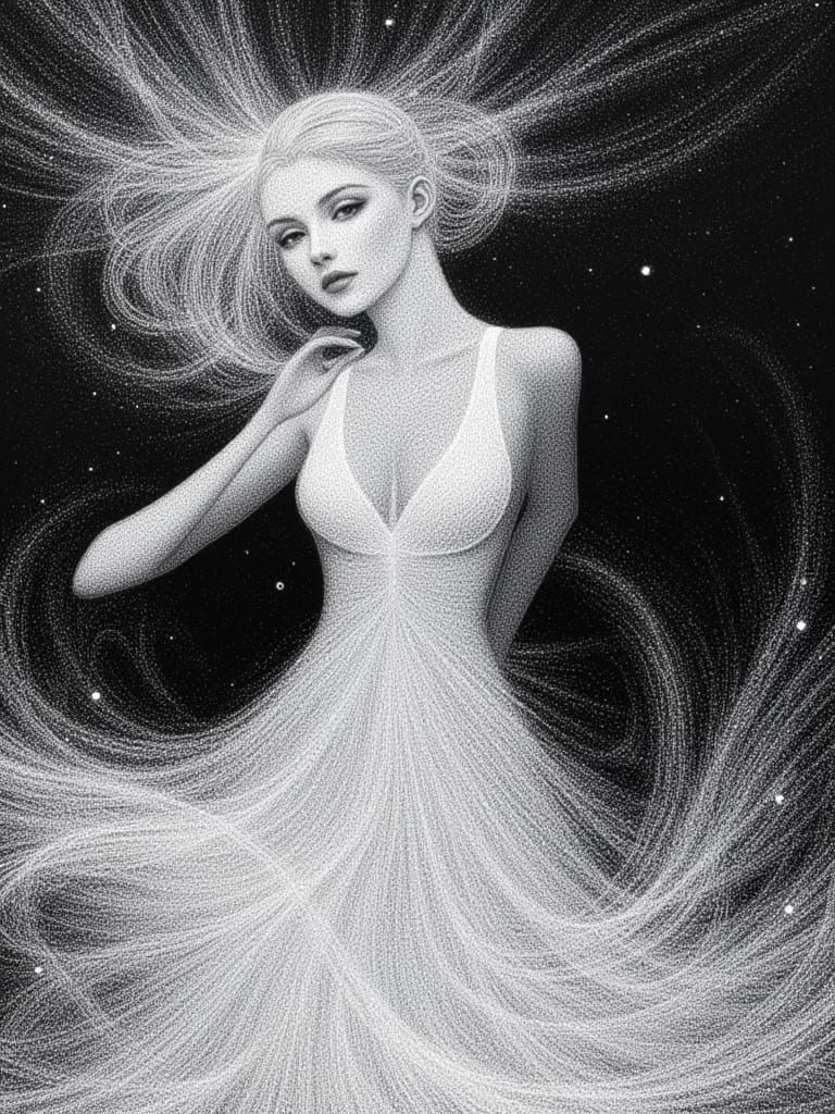 Dancing Woman in White String Art Style