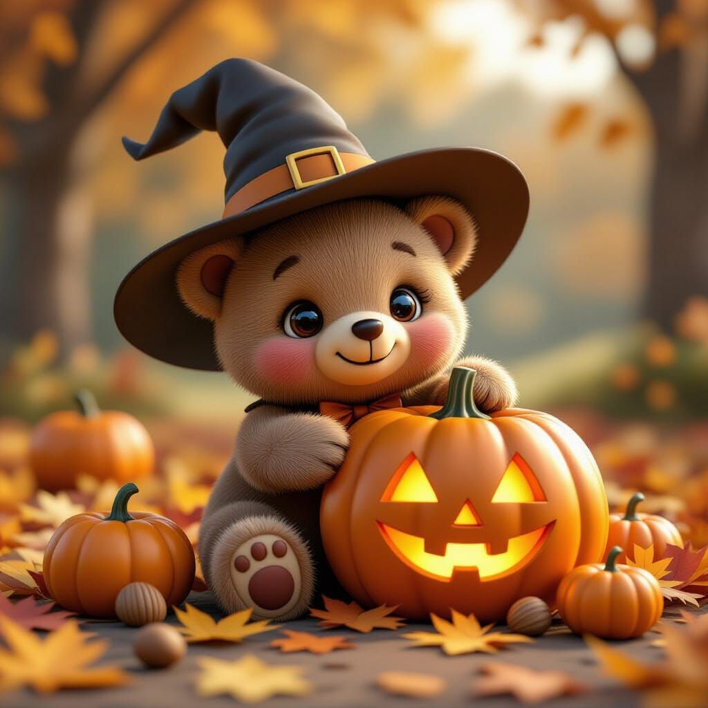 Whimsical 3D Bear with Witch Hat and Pumpkin